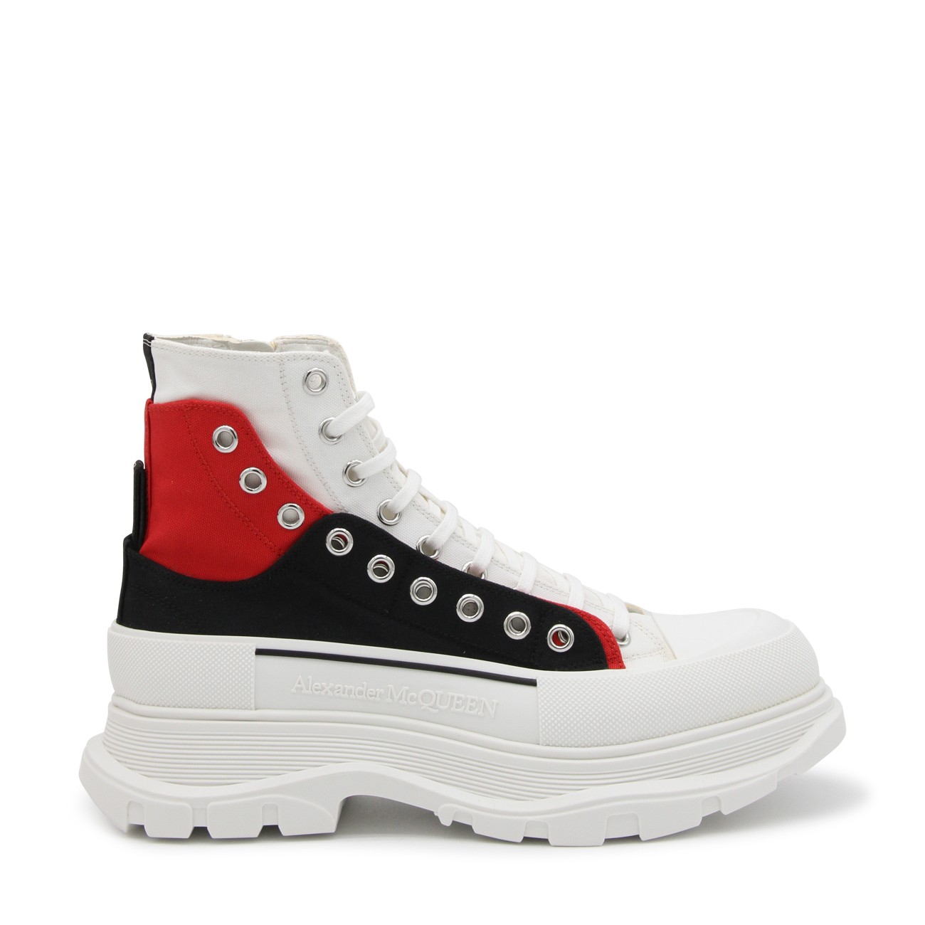 WHITE BLACK AND RED CANVAS TREAD SLICK LACE UP FASTENING BOOTS